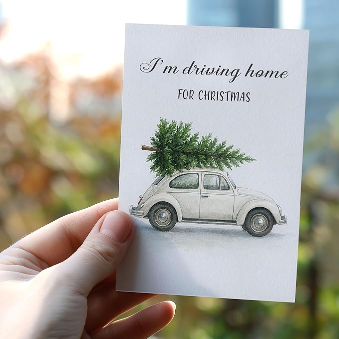 (5.3x8in) I’m Driving Home for Christmas Card with Envelope, Vintage Watercolor Car with Tree Design, Classic Holiday Greeting Card for Family, Friends, Couples, and Loved Ones (Xmas 29)