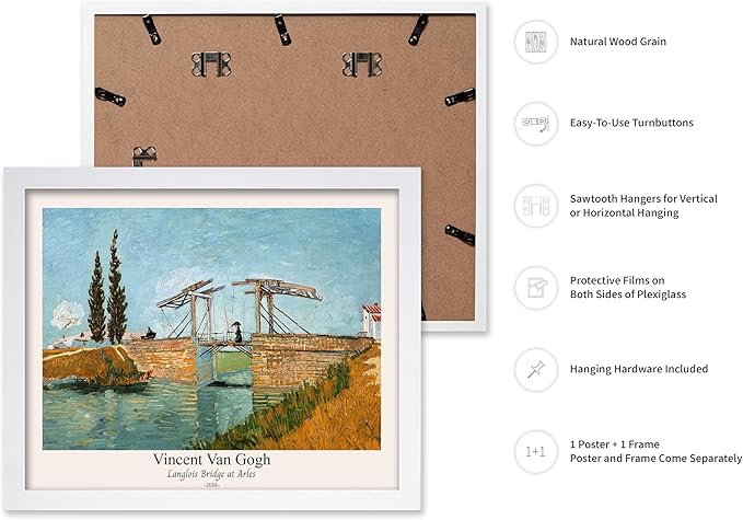 Monem Art Vintage Van Gogh Poster - Retro Langlois Bridge at Arles Print - Impressionism Art - Landscape Art - Fine Art - Classic Painting Art - Bedroom or Office Decor - 16x20 White Framed