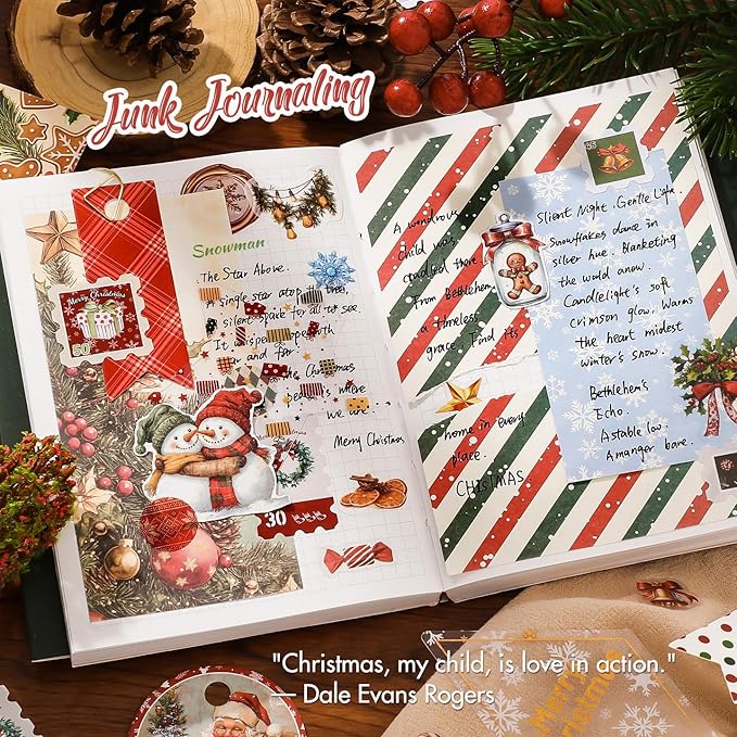 OKUPAN 157 Pcs Christmas Scrapbooking Supplies Kit - Vintage Junk Journaling Supplies, PET Stickers, Washi Tape for Bullet Journals, DIY Crafts, Planner Decor, and Holiday Gifts for Women & Adults