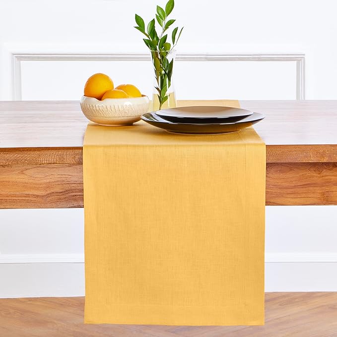 Solino Home Linen Mustard Yellow Table Runner 60 Inches - 100% Pure Linen Farmhouse Short Table Runner 14 x 60 Inch Ideal for Dresser and Coffee Tables, Spring, Easter - Fete