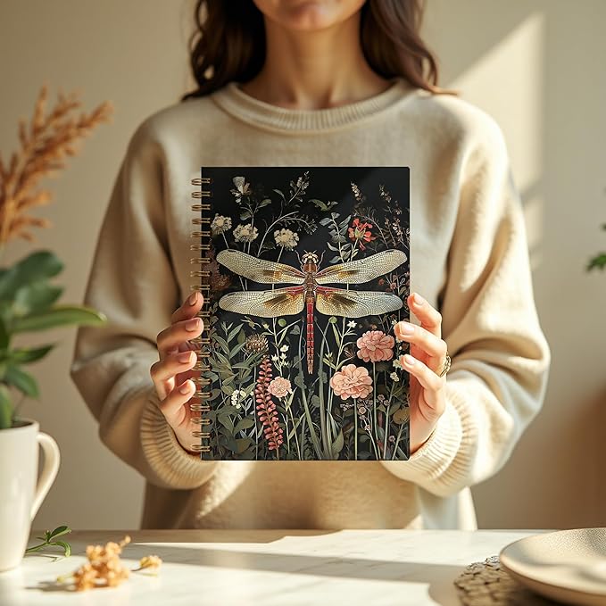 Vintage Floral Dragonfly Notebook, Dark Green Cottagecore Botanical Dragonfly Journal, Rustic Dark Academia Insect Spiral Notebook Journal, 5.5x8.3 Inch