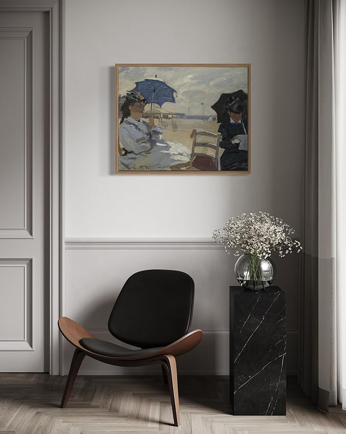 The Beach at Trouville Claude Monet Wall Art Print Poster, Impressionist Painting Wall Art Wall Decor, for Bedroom and Living room Bathroom Decor 115 (The Beach at Trouville, 16 x 20 inches, Wood Frame)