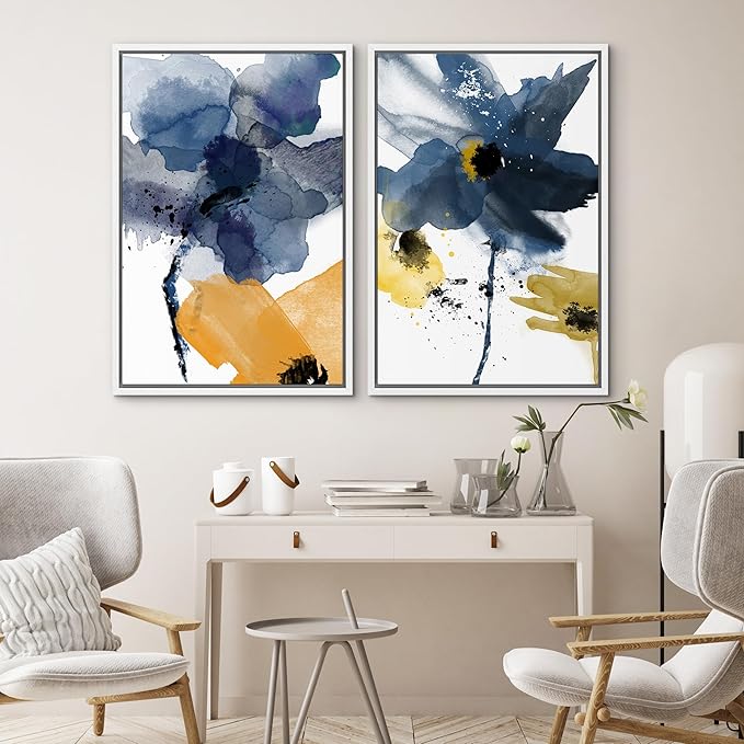 SIGNWIN Framed Wall Art Print Set Watercolor Splash Blue & Yellow Daisies Floral Botanical Illustrations Modern Art Chic Colorful Relax/Calm for Living Room, Bedroom, Office - 24"x36"x2 White