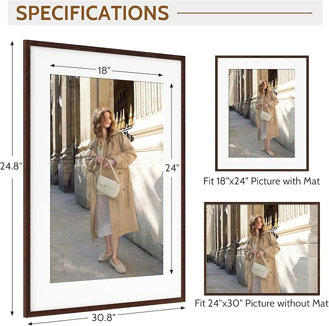 Dreamland Natural Oak Wood Picture Frame 24x30, Wooden Poster Frame with Mat for 18x24, 24 x 30 Matted Picture Frames with Tempered Real Glass for Wall Art Photo and Prints, Walnut Color, Set of 1