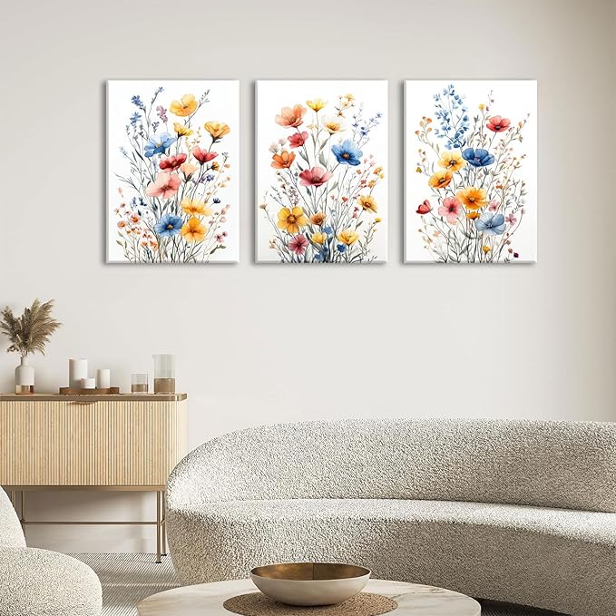 okudolit Colorful Wildflower Framed Canvas Wall Art Set Of 3 Flowers Pictures Prints Flowers Printing Floral Watercolors Flower wall Decor Living Room Bedroom Dinning Room Farmhouse Office-12x16in