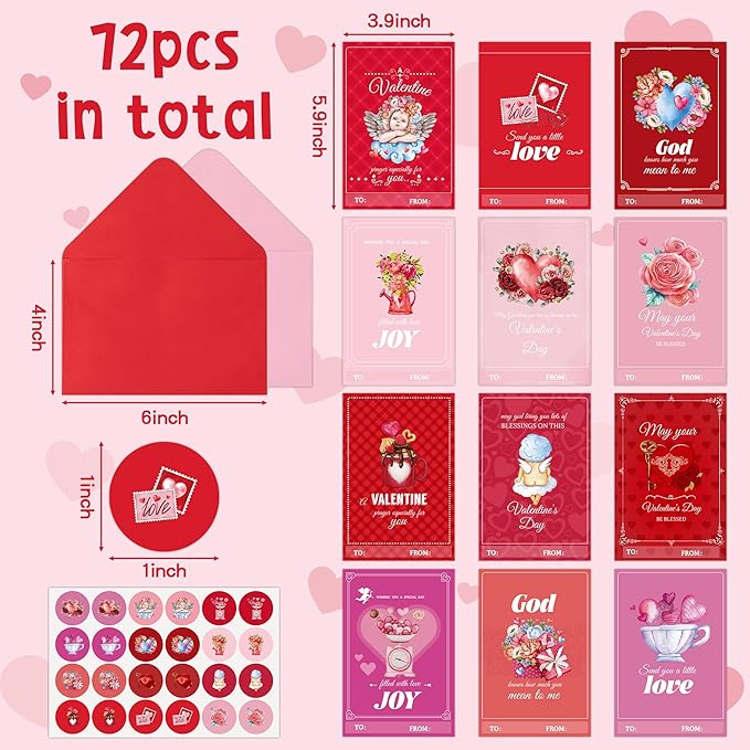 TICIAGA 24 Set Valentine's Day Vintage Blessed Greeting Cards with Envelop Retro Religious Sticker for Kid DIY Flower Heartfelt Notecard Exchange Gifts for Boys and Girls Christian School Party Favors