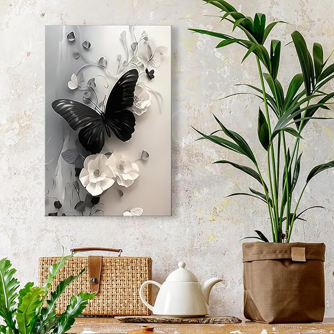 Black Butterfly with Flowers Canvas Poster Modern Minimalist Wall Art Trendy Elegant Painting Prints Vintage Nature Botanical Aesthetic Home Decor for Bedroom Living Room 16x24inch Unframed