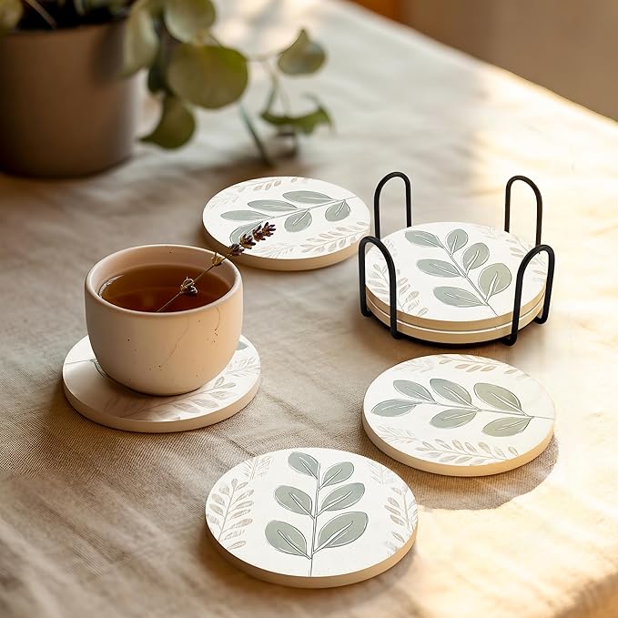 VEYRO Ceramic Coasters Set of 4 – Absorbent Stone Drink Coasters with Holder, Non-Slip Cork Backing, Modern Marble Look Coasters for Coffee Table, Desk & Home Decor