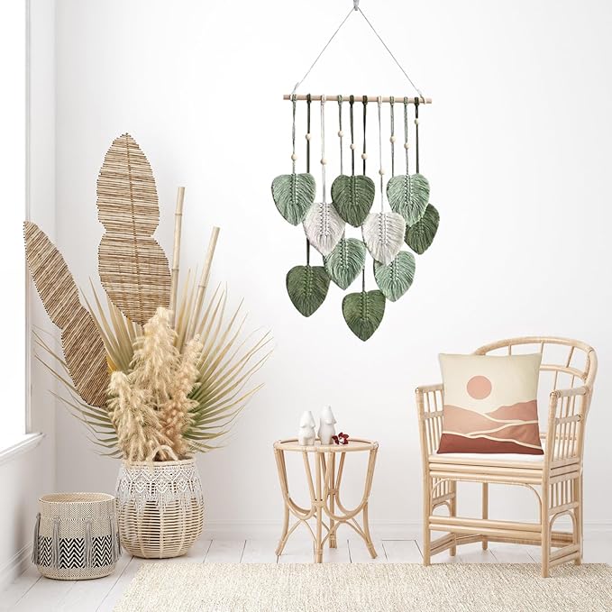 LB Macrame Wall Hanging Decor, Boho Chic Feather Wall Decor Macrame Photo Wall Hanging Handmade Yarn Woven Wall Art Green Leaf Tapestry for Bedroom Living Room Nursery Office Backdrop, 16x35 Inch