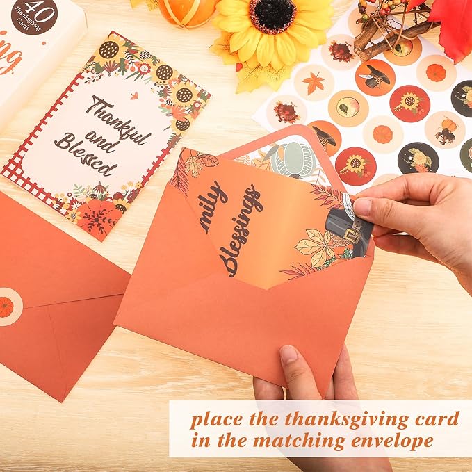 40 Pack Thanksgiving Cards with Envelopes, 4 x 6 in Bulk Thanksgiving Cards with Stickers, 10 Designs Thanks & Blessings Greeting Card Boxed for Fall Autumn Holiday Parties Celebrate the Harvest