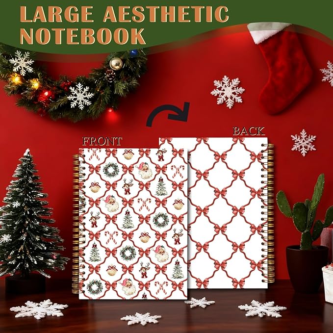 Exqcom Coquette Christmas Red Bow Spiral Notebook Gifts, Retro Xmas Tree Wreath Santa Reindeer Journal for Women, Preppy Aesthetic Hardcover Notebook Journal Office School Supplies, 5.5x8.3 Inch