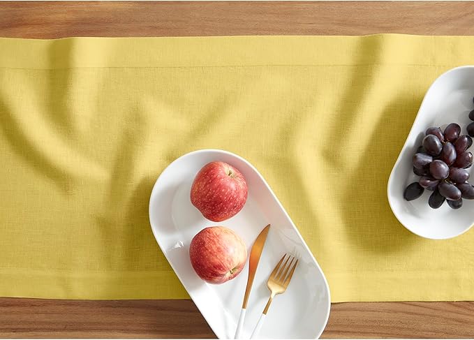 Solino Home Linen Yellow Table Runner 90 Inches Long - 100% Pure Linen 14 x 90 Inch Table Runner for Spring, Easter - Sonoma