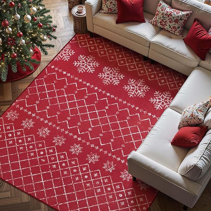 jinchan 8x10 Red Snowflake Christmas Rug Washable Large Area Rug for Living Room Bedroom Non-Slip Soft Carpet Xmas Geometric Floor Mat Winter Lattice Holiday Decor for Dining Room Porch