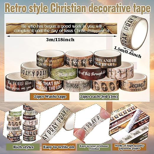 Janlaugh 24 Rolls Christian Washi Tape Gifts Bulk Religious Inspirational Scripture Supplies Bible Verse Tape for Bible Study Journaling Crafting Christmas Stocking Stuffers Gift(Rustic)