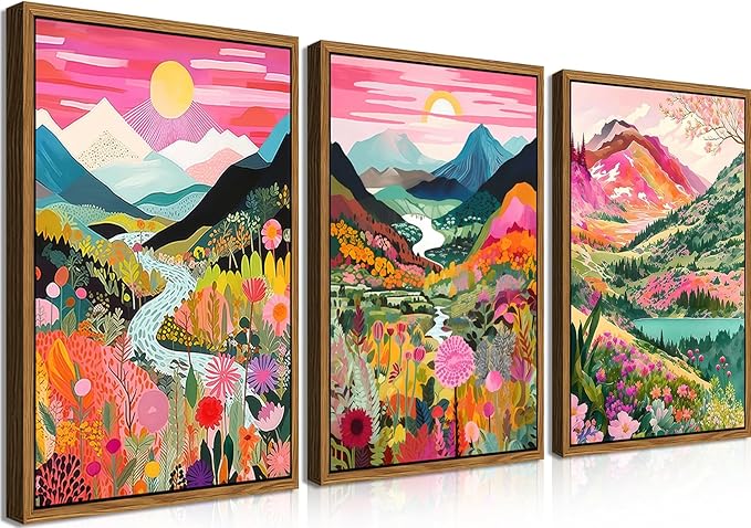 Floating Framed Large Boho Colorful Mountain Wall Art Set of 3, Abstract Watercolor Landscape Flower Wall Decor Paintings, Modern Nature Sunset Forest Posters Prints for Living Room 16x24 Inch
