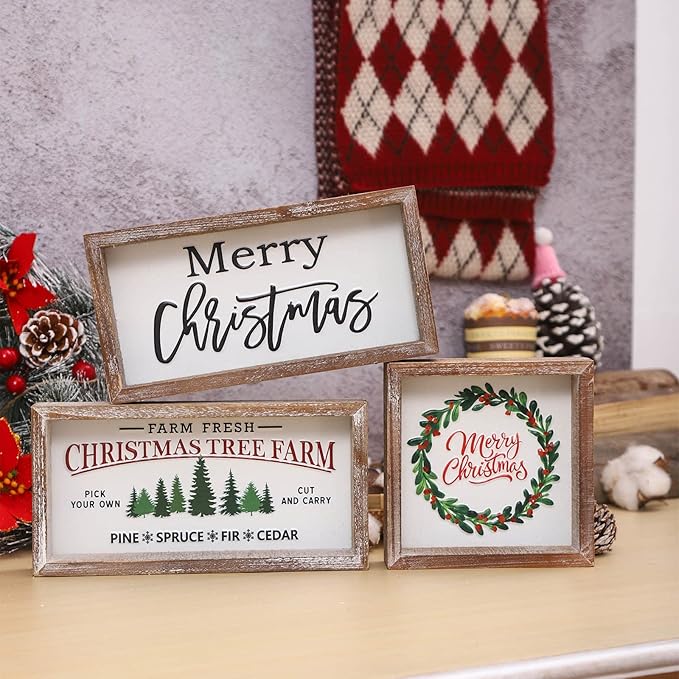 Christmas Tiered Tray Decor, Merry Christmas Block Sign Embossed Metal With Wood Frame, Rustic Farmhouse Winter Decoration for Shelf, Mantel, Home Decor