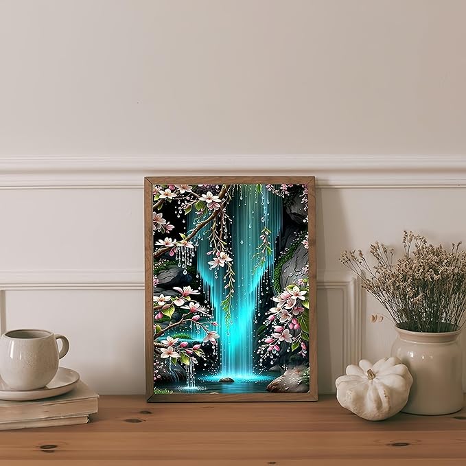Diamond Art Kits for Adults Waterfall & Cherry Blossoms, DIY 5D Diamond Painting Kit for Beginners, Full Round Drill Gem Art Dots for Adults, Diamond Dots Paintings Crafts Home Wall Decor 12X16 Inch