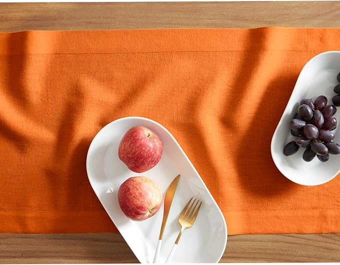 Solino Home Linen Table Runner 120 Inches Long - 100% Pure Linen Pumpkin Dining Table Runner 14 x 120 Inch - Sonoma
