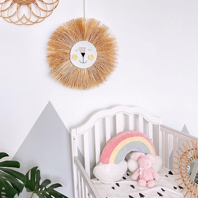 Charlbytion Wall Art Animal Head Hand Knitted Hanging,Cotton Thread Weaving Straw Cartoon Tassel Beard Lion Tiger Macrame Pendant Nursery Room Wall Decor for Home Decoration (19''*19'', A)
