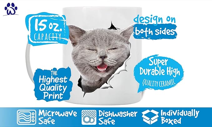 Winston & Bear Laughing Grey Cat Coffee Mug - Funny Ceramic Coffee Mug Gift for Cat Lovers - Cute Novelty Cup for Men and Women (15oz)