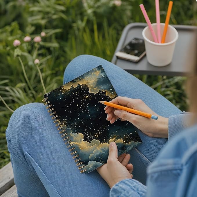 Moody Starry Night Sky Notebook, Dark Academia Witchy Gothic Journal, Fantasy Abstract Mystical Celestial Journal, Vintage Maximalist Blue Gold Galaxy Spiral Notebook, 5.5x8.3 Inch