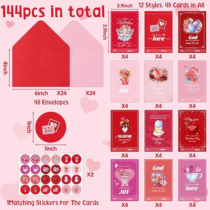 TICIAGA 48 Set Valentine's Day Vintage Blessed Greeting Cards with Envelop Retro Religious Sticker for Kid DIY Flower Heartfelt Notecard Exchange Gifts for Boys and Girls Christian School Party Favors