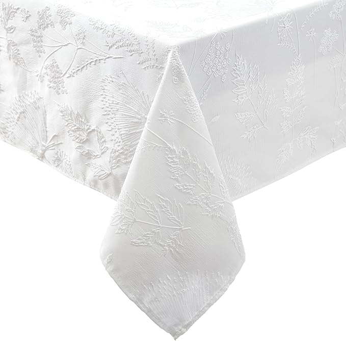 Laura Ashley Tablecloth Raised Woven Embroidered Jacquard Fabric, Wrinkle Resistant for Dining, Holiday, Party, Wedding or Banquet, 60" x 84", Cynthia White