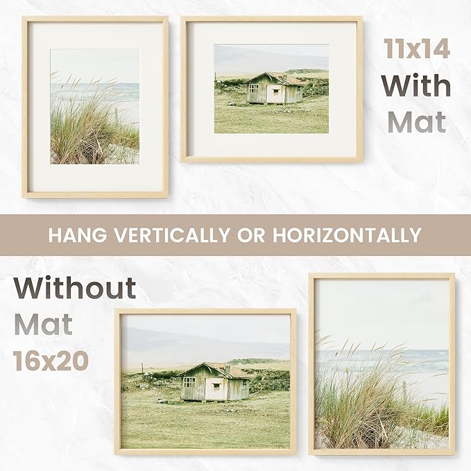 16 x 20 Picture Frame Set of 3, USA-Sourced Natural Maple Wood Photo Collage Frame with HD Tempered Glass, Modern Simple 16x20 Wooden Frame Matted to 11x14, Vertical & Horizontal Wall Hanging Display