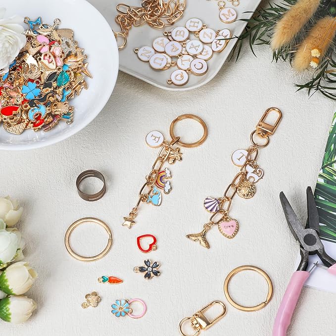 Starry 223Pcs Keychain Making Kit Bag Charm Kit 86 Charms 10 Keychain Clips with Key Ring Jewelry Plier,15 Extender Chain Swivel Snap Hooks Gold Charms 100 Jump Ring DIY Craft Supplies