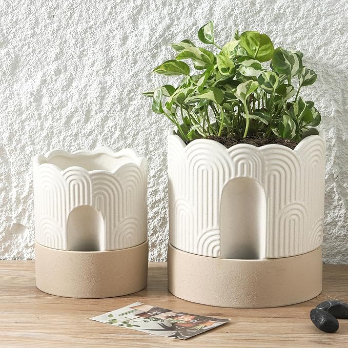 Nihow Self Watering Plant Pot: 6 Inch Ceramic Planter with Drainage Hole & Water Storage Plus - Relief Design Self Watering Pot for Indoor Plants - Beige & Nature Flower Pot