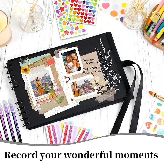 Vienrose Scrapbook Album 80 Pages, DIY Photo Album with Accessories, Black Kraft Paper Memory Book for Wedding, Birthday, Travel, Christmas, Mother’s Day, 11x8 Inches