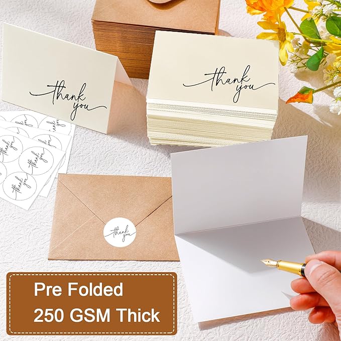 Gueevin 200 Pcs Thank You Cards with Kraft Envelopes and Stickers Bulk, 3.5 x 5 Inch Classy Blank Thank You Notes for Wedding, Business, Graduation, Baby Shower, Bridal Shower, Funeral(Cream)