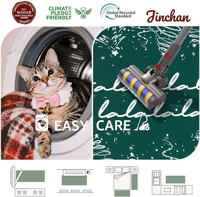 jinchan Deck The Halls Christmas Runner Rug 2x5 for Entryway Washable Christmas Tree Kitchen Rug Green Xmas Hallway Mat Non-Slip Soft Carpet Winter Festive Holiday Decor for Bathroom Porch Bedside
