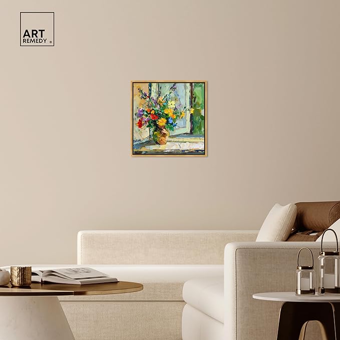 Art Remedy Vase By The Window Framed Impressionism 1 Piece Canvas Wall Art/Monet And Van Gogh Inspired Art, 25.5" x 25.5", Gold Frame