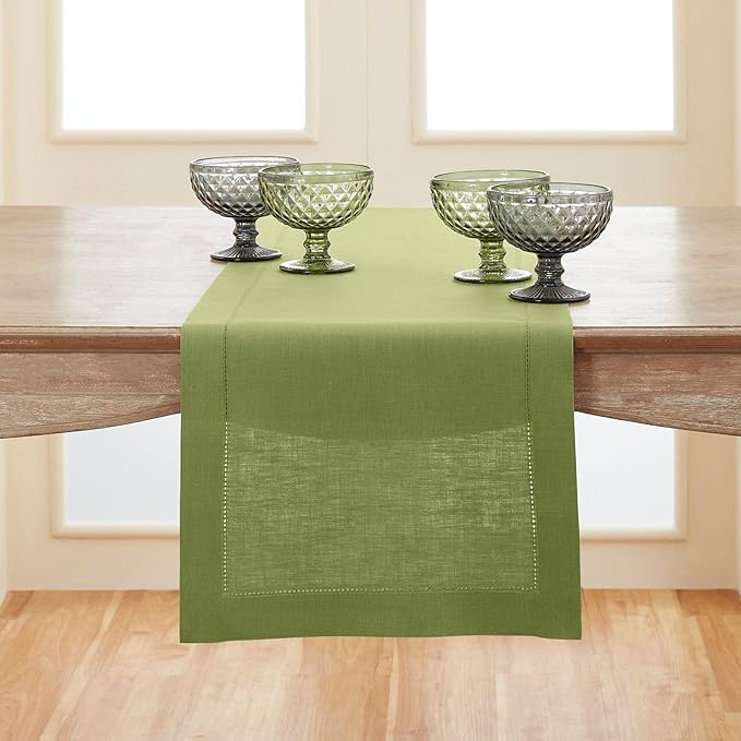 Solino Home Linen Moss Green Table Runner 48 Inches - 100% Pure Linen Small Table Runner 14 x 48 Inch Ideal for Dresser and Coffee Tables - Classic Hemstitch - Winter, Spring, Easter, St Patricks Day