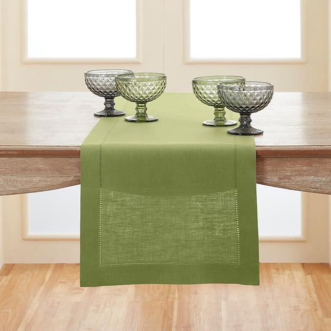 Solino Home Linen Table Runner 108 Inches Long - 100% Pure Linen Moss Green Table Runner 14 x 108 Inch for Winter, Spring, Easter, St Patricks Day - Classic Hemstitch