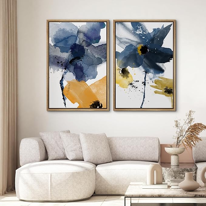 SIGNWIN Framed Wall Art Print Set Watercolor Splash Blue & Yellow Daisies Floral Botanical Illustrations Modern Art Chic Colorful Relax for Living Room, Bedroom, Office - 16"x24"x2 Natural