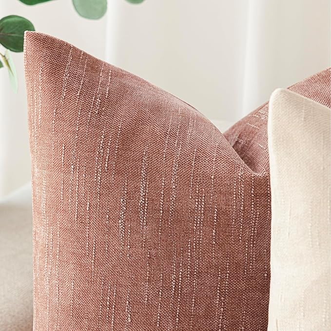 Foindtower Pack of 2 Textured Chenille Throw Decorative Pillow Covers Square Accent Solid Cushion Cover Neutral Farmhouse Pillow Case for Couch Sofa Bedroom Living Room 16x16 Inch,Dusty Pink