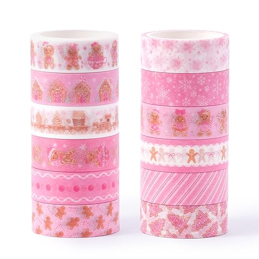 Pink Gingerbread Washi Tape - 12 Rolls Easy Tear Christmas Holiday Themed Tapes with Gingerbread Man & Snowflake Designs for Journal Decor, Gift Wrapping, Scrapbook, DIY Crafts Party Supplies