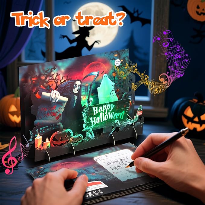Halloween Cards, Happy Halloween Greeting Card, 3D Popup Card with Light and Music, Horror Skull, Pumpkin, Holiday Gift Card for Husband Wife Mom Men Women