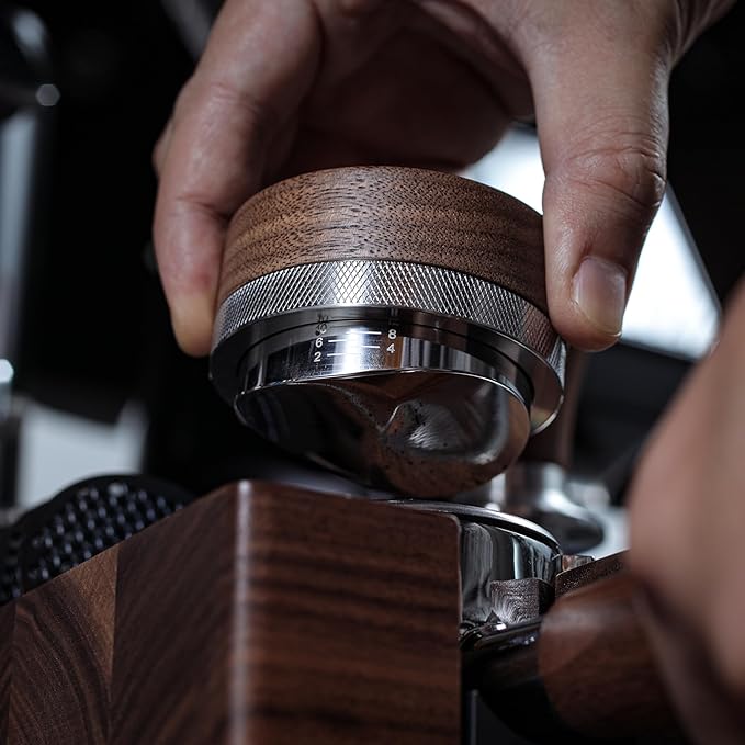 Walnut 58mm Espresso Accessories Kit Includes Espresso Knock Box, Tamper Station, Calibrated Espresso Tamper, Adjustable Distribution Tool, Coffee Bean Dosing Cup and RDT Spray Bottle