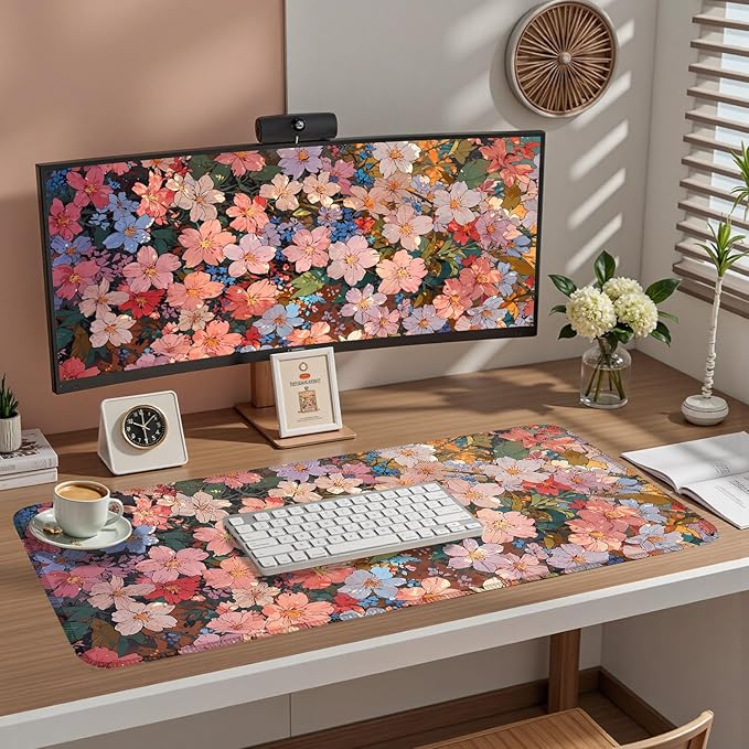 Floral Desk Mat for Women, Pastel Aesthetic Large Mouse Pad, XXL Desk Pad, Non-Slip Gaming Pad for Study Office Cubicle Decor 31.5x15.7in