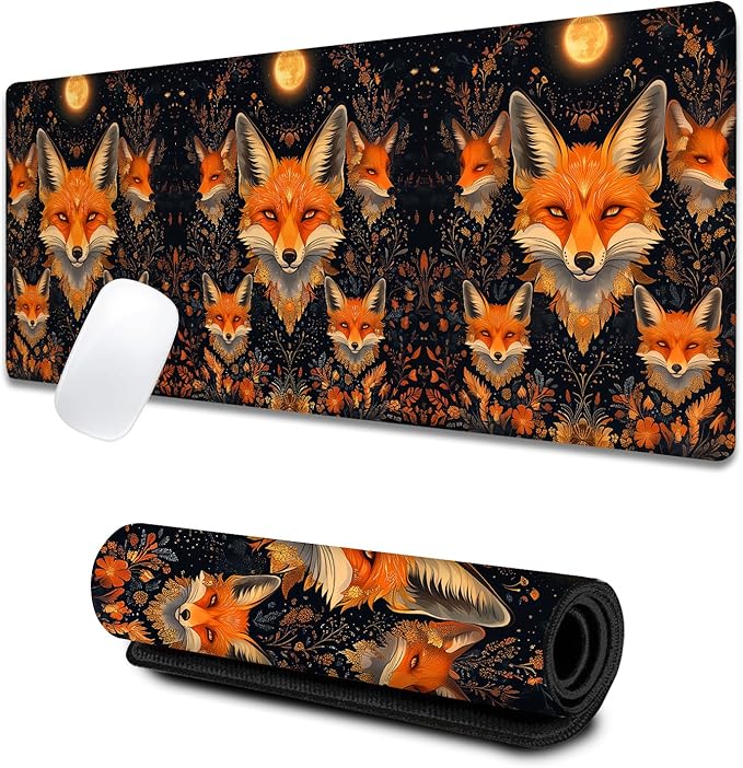 Moonlit Fox Large Gaming Desk Mat,Rubber Non-Slip Foxgloves Enchanting Floral Mouse Pad,31.5x11.8x0.12in Extended Cool Mysterious Mousepad,Game Lover Mice Pads Gifts,Office Home Deskmat Decor