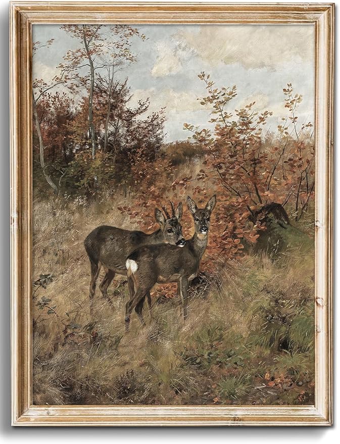 Uniro Vintage Fall Wall Art for Bedroom Decor, Rustic Farmhouse Wall Decor Autumn Deer Countryside Wall Painting Canvas Prints Landscape Oil Painting Fall Wall Decor Vintage Art Pictures for Bedroom Bathroom Kitchen Decor( 8" x 10"-UNFRAMED)