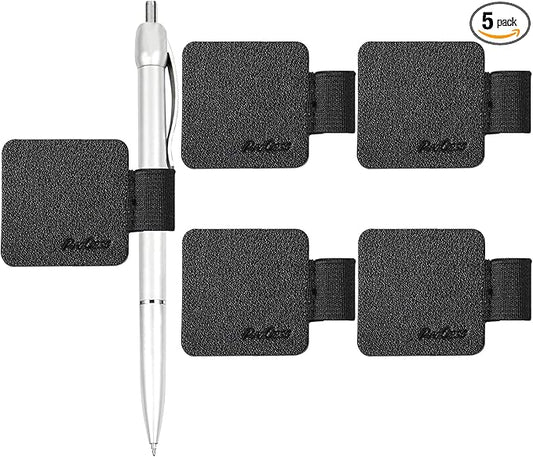 ProCase (5 Pack) Pen Loop Holder for Notebooks Journals Planners Tablet Case, Self Adhesive Leather Pencil Holder with Elastic Loop for Pens, Apple Pencil, Stylus Pen -Black
