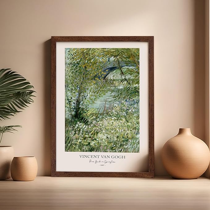 Monem Art Vintage Van Gogh Poster - Retro Impressionist Print - River Bank in Springtime, Flowers, Landscape - Gift for Artist, Friend - Wall Decor for Home, Office, 16x20 Brown Framed
