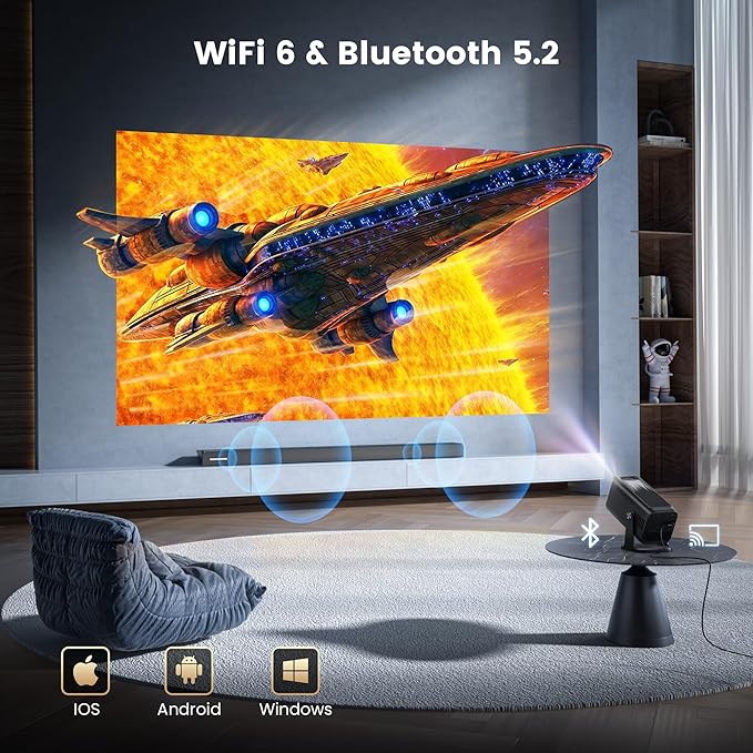 Mini 4K Projector with Wifi and Bluetooth, 1080P Full HD Smart Outdoor Portable Movie Small Projector with 270°Rotatable Stand, Android 13 OS, Auto Keystone, Support Big Screen for Home Bedroom