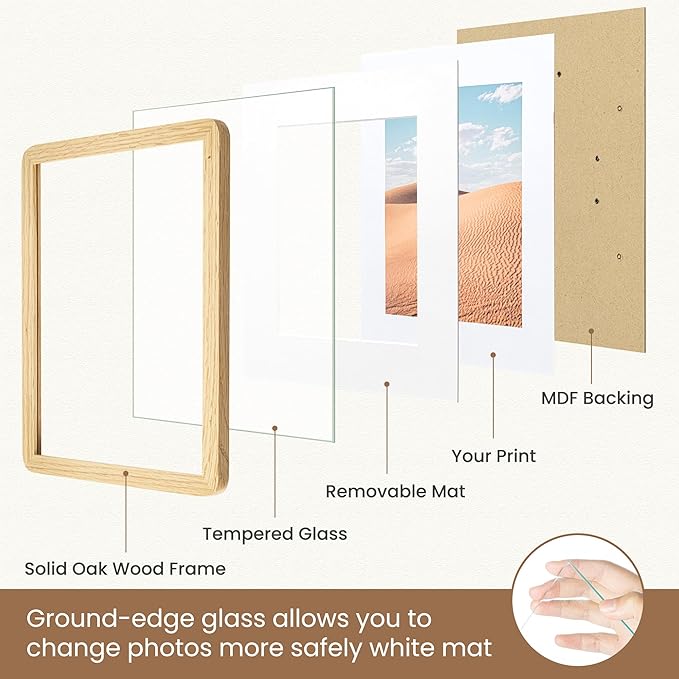 Dreamland 16x20 Picture Frame, Natural Oak Wood Photo Frame with Mat for 11x14, Round Corner 16 x 20 Matted Picture Frames with Resistant Plexiglass for Wall Mounting or Tabletop, Oak Color, Set of 1