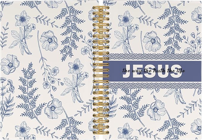 Christian Jesus Journal Notebook, Blue and White Floral Notebooks College Ruled for Work School, Preppy Bible Gifts for Women, Office Supplies, Hardcover Spiral Notebook 5.5"x8.3"