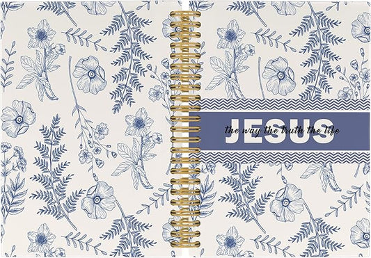 Christian Jesus Journal Notebook, Blue and White Floral Notebooks College Ruled for Work School, Preppy Bible Gifts for Women, Office Supplies, Hardcover Spiral Notebook 5.5"x8.3"